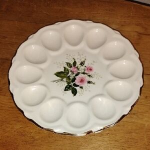 Vintage White Floral Egg Serving Platter with Gold Trim 9 Inches